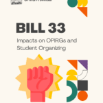 BIll 33 Impacts on OPIRGs and Student Organizing with graphic colors, shapes and images surrounding the text.